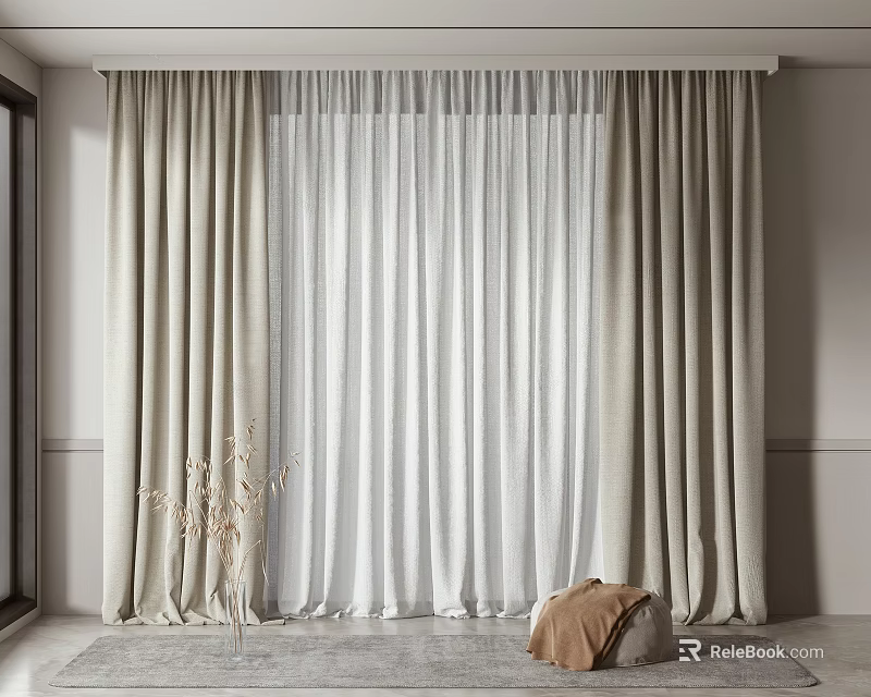 Minimalist Light Beige Curtains Interior With Sheer Layers Branch Vase And Soft Rug 3d model 