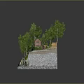 Cartoon Scene Featuring Lush Trees Small House Wooden Shed Rocks And Green Grass