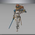 3D Female Warrior Character With Red Hair Blue Headpiece White Armor Blue Sword And Shield