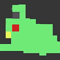 Pixelated Green Frog Figure With Blocky Design Yellow Mouth And Black Background Reflection