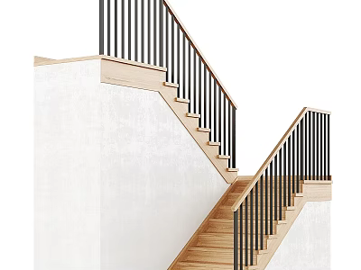 Modern Stairs Design With Wooden Steps Black Railings And White Walls 3d model
