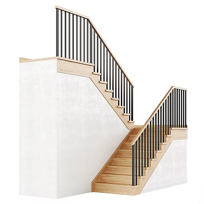 Modern Stairs Design With Wooden Steps Black Railings And White Walls 3d model