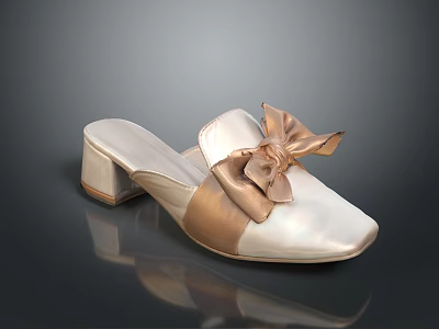 Elegant White And Gold Mule Slippers With Bow Detail And Block Heel Design 3d model