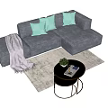 Gray Sectional Sofa With Light Blue Pillows Throw Blanket And Black Round Coffee Table 3d model