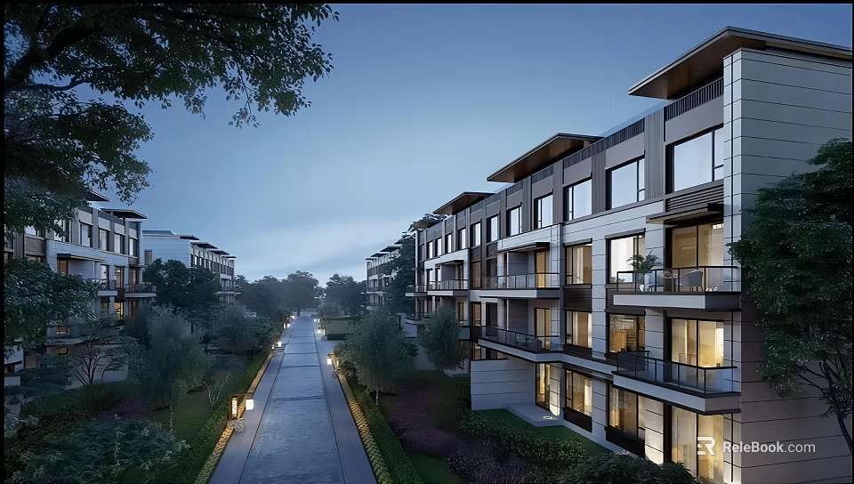 Modern Townhouse Exterior With Multiple Floors Balconies Greenery And Street Lamps 3d model 