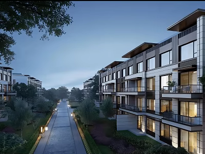 Modern Townhouse Exterior With Multiple Floors Balconies Greenery And Street Lamps 3d model