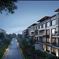 Modern Townhouse Exterior With Multiple Floors Balconies Greenery And Street Lamps