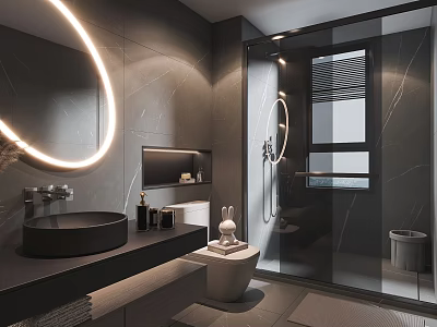 Modern Gray Bathroom Interior Design With Round Mirror Marble Vanity And Shower Enclosure 3d model