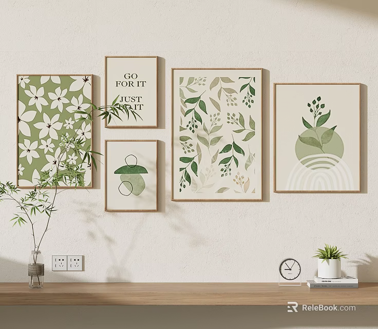Decorative Plant Paintings with Wooden Frames Green Leaves and Flowers on Wall 3d model 