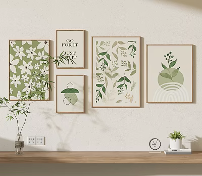 Decorative Plant Paintings with Wooden Frames Green Leaves and Flowers on Wall 3d model
