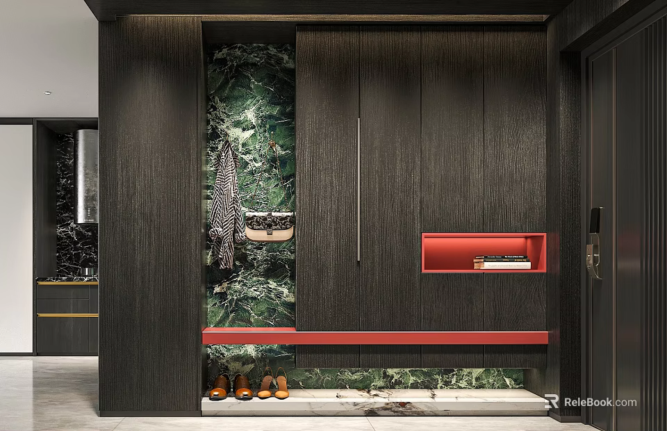 Modern Foyer Hallway With Dark Wood Cabinets Marble Wall Red Bench And Hanging Clothing 3d model 