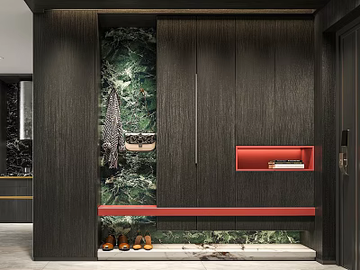 Modern Foyer Hallway With Dark Wood Cabinets Marble Wall Red Bench And Hanging Clothing 3d model