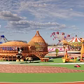 Scenic Amusement Park Landscape Featuring Ferris Wheel Carousel Traditional Buildings Colorful Decorations and Open Square