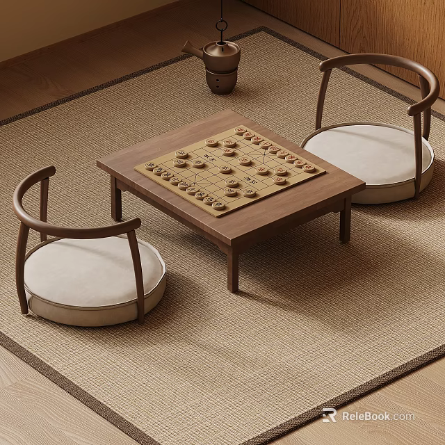 Wooden Coffee Table Featuring Chessboard And Two Upholstered Chairs On Rug 3d model 