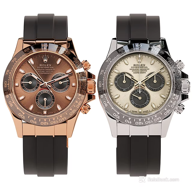 Two Rolex Chronograph Watches With Black Rubber Straps 3d model 