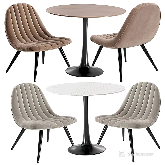 Elegant Velvet Dining Table and Chairs Set with Beige Brown Striped Seats and Black Legs 3d model 