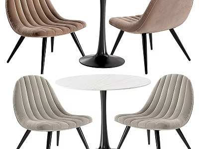 Elegant Velvet Dining Table and Chairs Set with Beige Brown Striped Seats and Black Legs 3d model