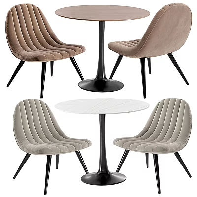Elegant Velvet Dining Table and Chairs Set with Beige Brown Striped Seats and Black Legs 3d model