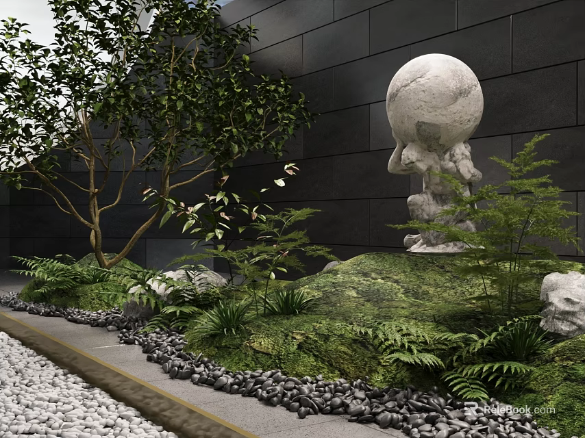 Indoor Landscape With Black Wall Spherical Sculpture Tree Ferns Moss-Covered Mound And Pebbles 3d model 