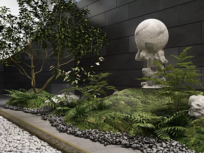 Indoor Landscape With Black Wall Spherical Sculpture Tree Ferns Moss-Covered Mound And Pebbles 3d model