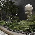 Indoor Landscape With Black Wall Spherical Sculpture Tree Ferns Moss-Covered Mound And Pebbles