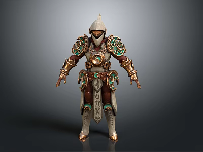 Fantasy Warrior Character In Ornate White And Brown Armor With Golden Accents And Green Gemstones 3d model