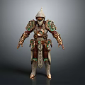 Fantasy Warrior Character In Ornate White And Brown Armor With Golden Accents And Green Gemstones