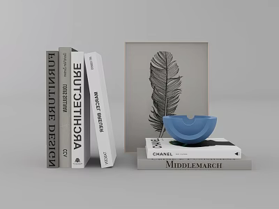 Collection of Books Including Furniture Design Architecture Titles With Feather Artwork And Blue Decor 3d model