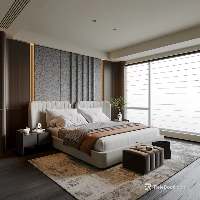 Modern Luxurious Bedroom With Large Bed Nightstands Floor to Ceiling Windows Decorative Wall and Rug 3d model 