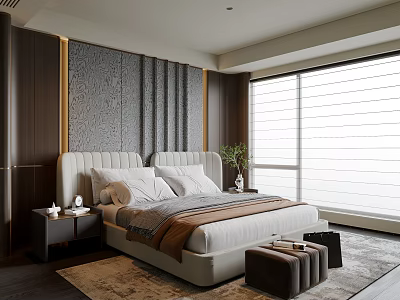 Modern Luxurious Bedroom With Large Bed Nightstands Floor to Ceiling Windows Decorative Wall and Rug 3d model