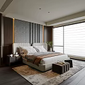 Modern Luxurious Bedroom With Large Bed Nightstands Floor to Ceiling Windows Decorative Wall and Rug