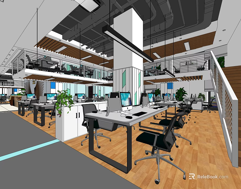 Public Office Space Interior Design With Open Layout Workstations Green Plants And Hanging Lights 3d model 