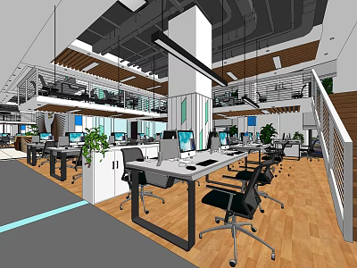 Public Office Space Interior Design With Open Layout Workstations Green Plants And Hanging Lights 3d model