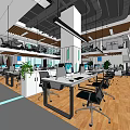 Public Office Space Interior Design With Open Layout Workstations Green Plants And Hanging Lights