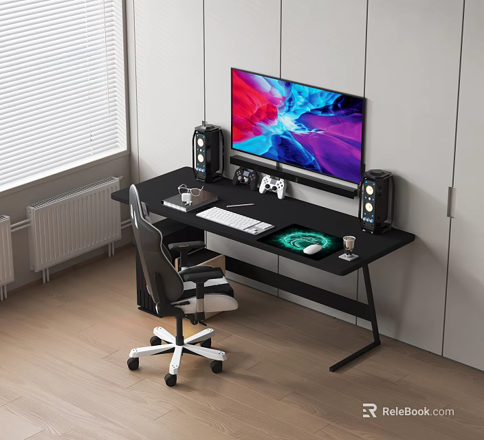 Modern Black Desk with Large Monitor Speakers Keyboard Mouse and Ergonomic Office Chair by Window 3d model 