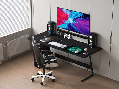 Modern Black Desk with Large Monitor Speakers Keyboard Mouse and Ergonomic Office Chair by Window 3d model