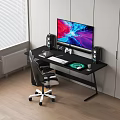 Modern Black Desk with Large Monitor Speakers Keyboard Mouse and Ergonomic Office Chair by Window