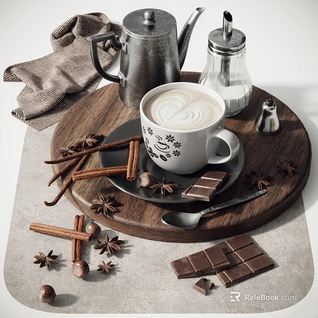 Warm Latte Coffee On Wooden Tray With Cinnamon Sticks Star Anise And Chocolate Pieces 3d model 