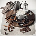 Warm Latte Coffee On Wooden Tray With Cinnamon Sticks Star Anise And Chocolate Pieces