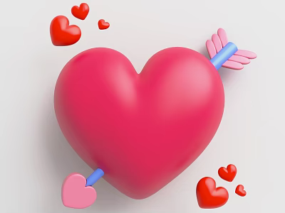 Large Red Heart With Blue Winged Arrow And Small Hearts On White Background 3d model