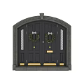 Dark Black Double Swing Door With Golden Handles Lattice Glass Panels And Green Wreaths