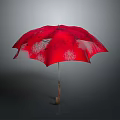 Stylish Red Umbrella Featuring White Scenic Landscape Patterns On Surface And Wooden Handle