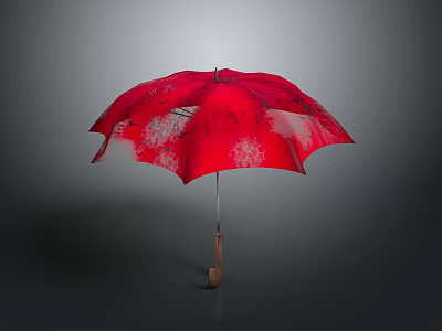 Stylish Red Umbrella Featuring White Scenic Landscape Patterns On Surface And Wooden Handle 3d model