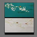 Botanical Paintings with White Flowers Branches and Bees on Green and Beige Backgrounds