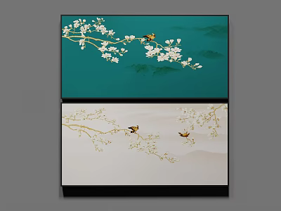Botanical Paintings with White Flowers Branches and Bees on Green and Beige Backgrounds 3d model