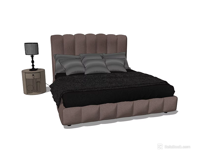 Modern Double Bed Featuring Tufted Brown Headboard Black Bedspread Gray Pillows And Bedside Table 3d model 
