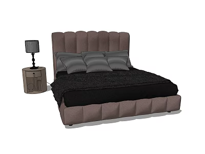 Modern Double Bed Featuring Tufted Brown Headboard Black Bedspread Gray Pillows And Bedside Table 3d model
