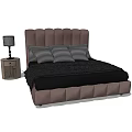Modern Double Bed Featuring Tufted Brown Headboard Black Bedspread Gray Pillows And Bedside Table