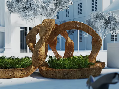Unique Woven Landscape Seating With Greenery Near Modern Building And Trees 3d model