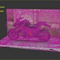 Sporty Black and Orange Motorcycle Displayed On Gray Platform With Red Pink Wall Background